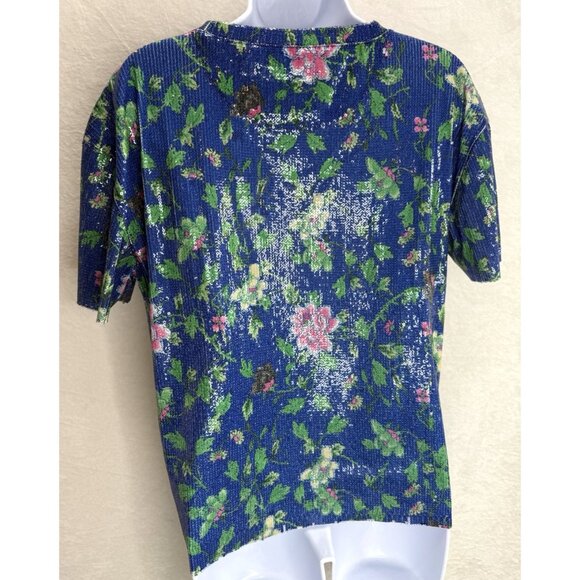 Zara Trafaluc Size Medium Blue Floral Sequin T-Shirt Blouse - Picture 5 of 8
